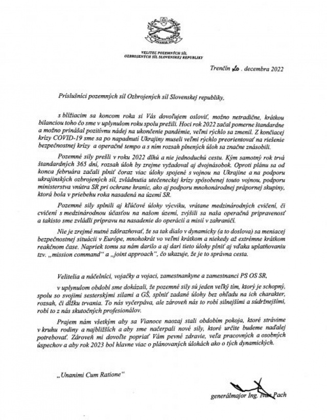 Vianočný list veliteľa pozemných síl OS SR 